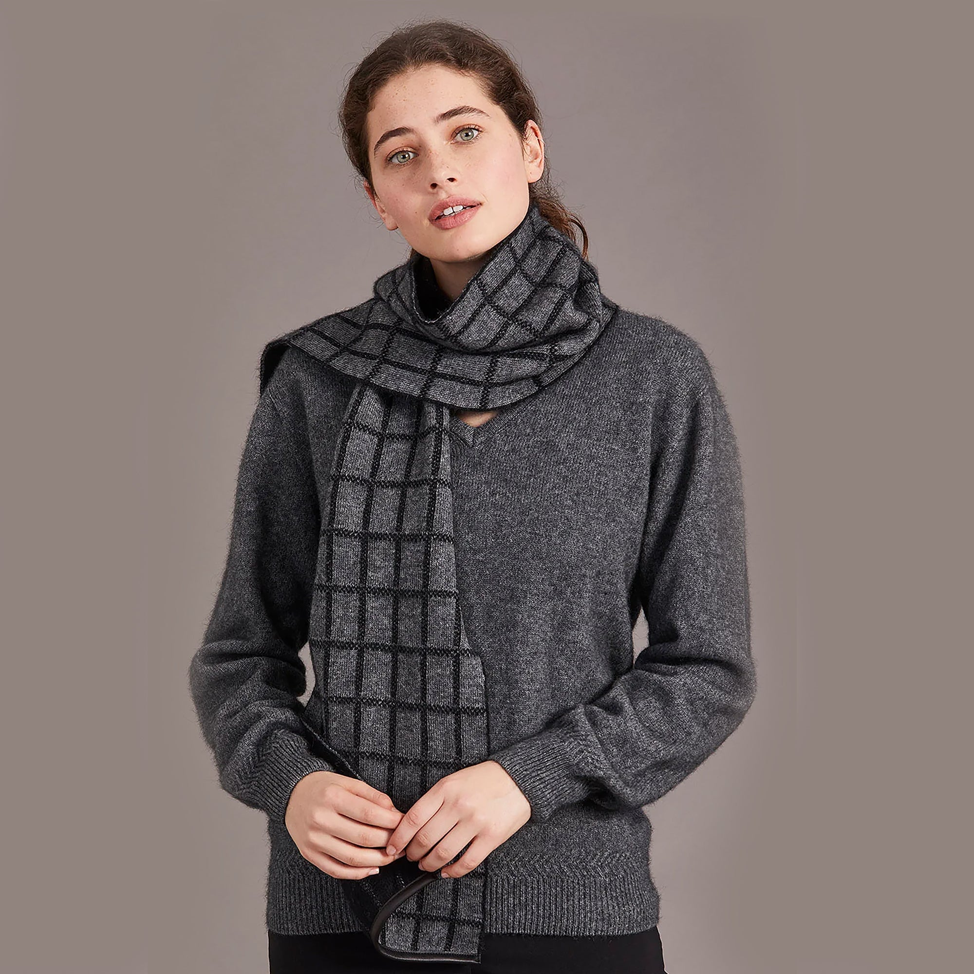 NZ Merino Possum Silk Check Scarf with Leather Trim - ShopNZ