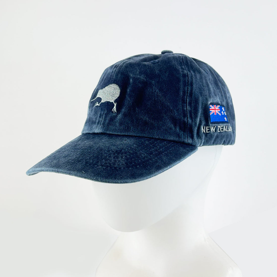NZ Running Kiwi Bird Cap in Washed Navy with NZ Flag - ShopNZ
