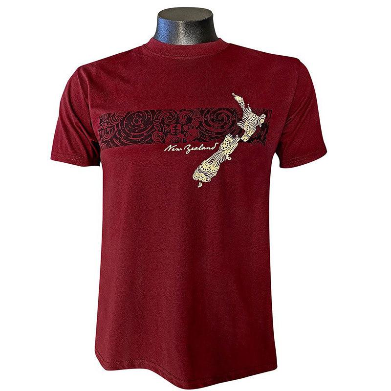 NZ Tattoo and Map Burgundy Mens Maori T-shirt - ShopNZ
