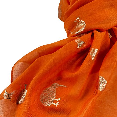 Orange Scarf with Sparkly Gold Kiwi - ShopNZ