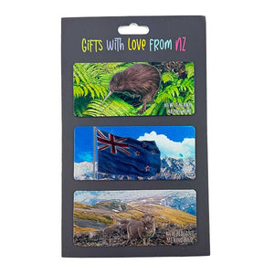 Pack of 3 Shiny NZ Fridge Magnets - Kiwi, Flag, Sheep - ShopNZ