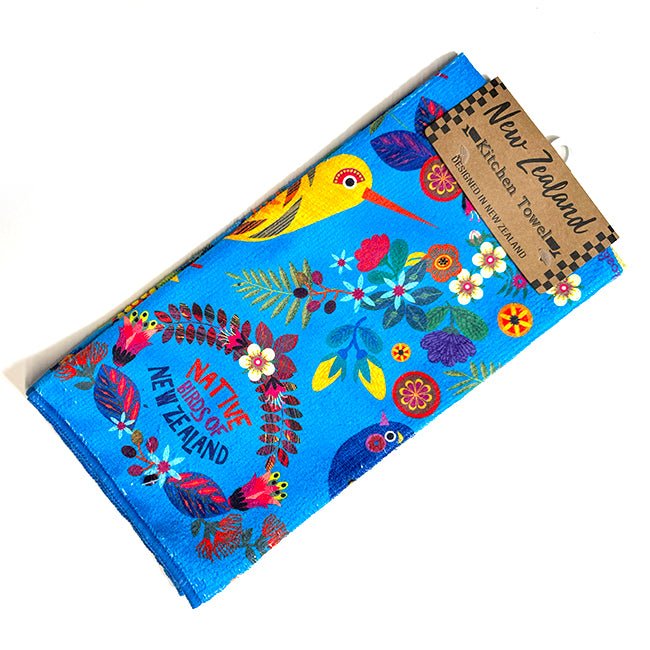 Pretty Cobalt Blue NZ Birds and Flower Hand Towel - ShopNZ
