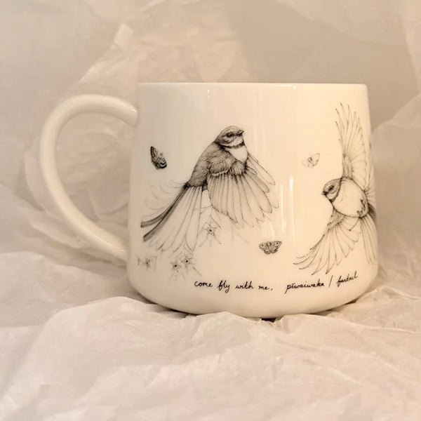 Pretty Come Fly with Me NZ Fantail Coffee or Tea Mug - by artist Katy Hayward - ShopNZ