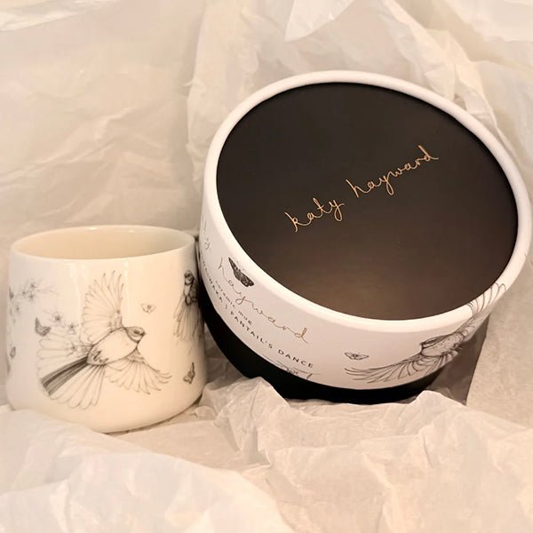 Pretty Come Fly with Me NZ Fantail Coffee or Tea Mug - by artist Katy Hayward - ShopNZ