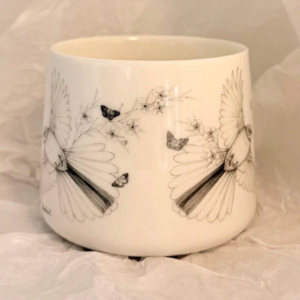 Pretty Come Fly with Me NZ Fantail Coffee or Tea Mug - by artist Katy Hayward - ShopNZ