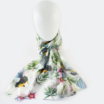 Pretty Fantail and Manuka Flower NZ Souvenir Scarf - ShopNZ