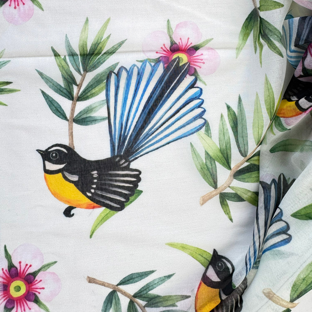Pretty Fantail and Manuka Flower NZ Souvenir Scarf - ShopNZ