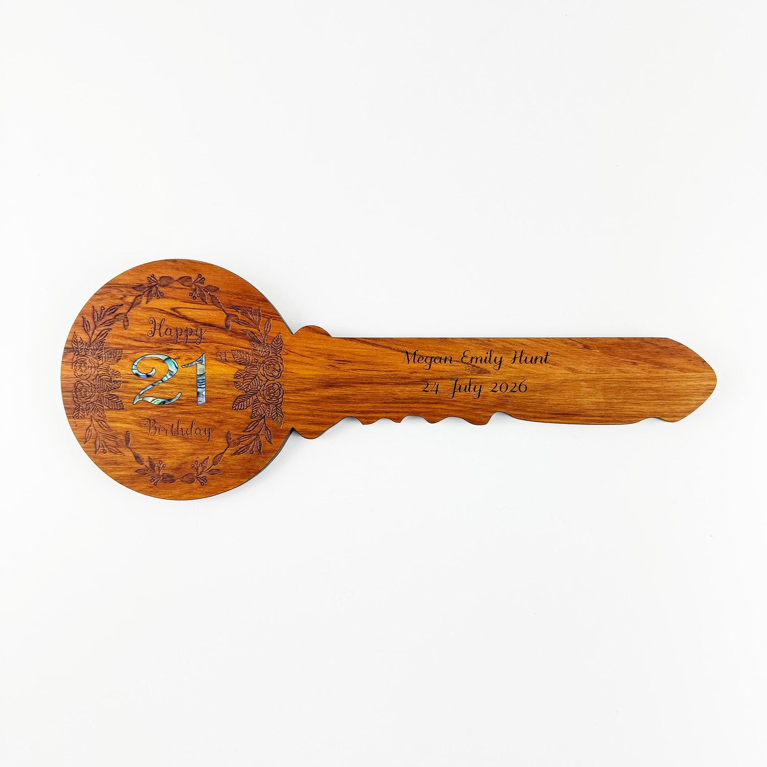 Pretty Floral NZ Rimu and Paua 21st Birthday Key - ShopNZ