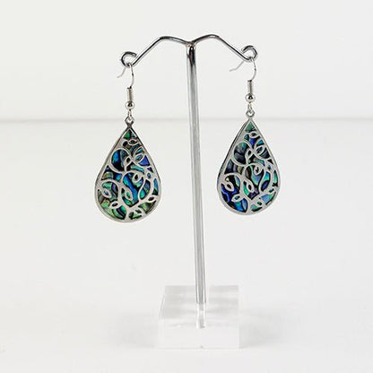 Pretty Large Paua Shell Drop Earrings with Filigree Overlay - ShopNZ