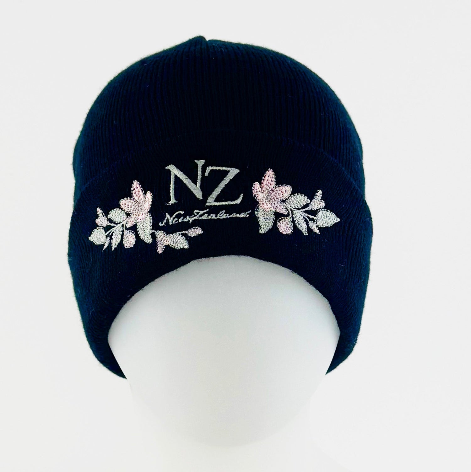 Pretty New Zealand Souvenir Beanie Hat with Embroidered Flowers - ShopNZ
