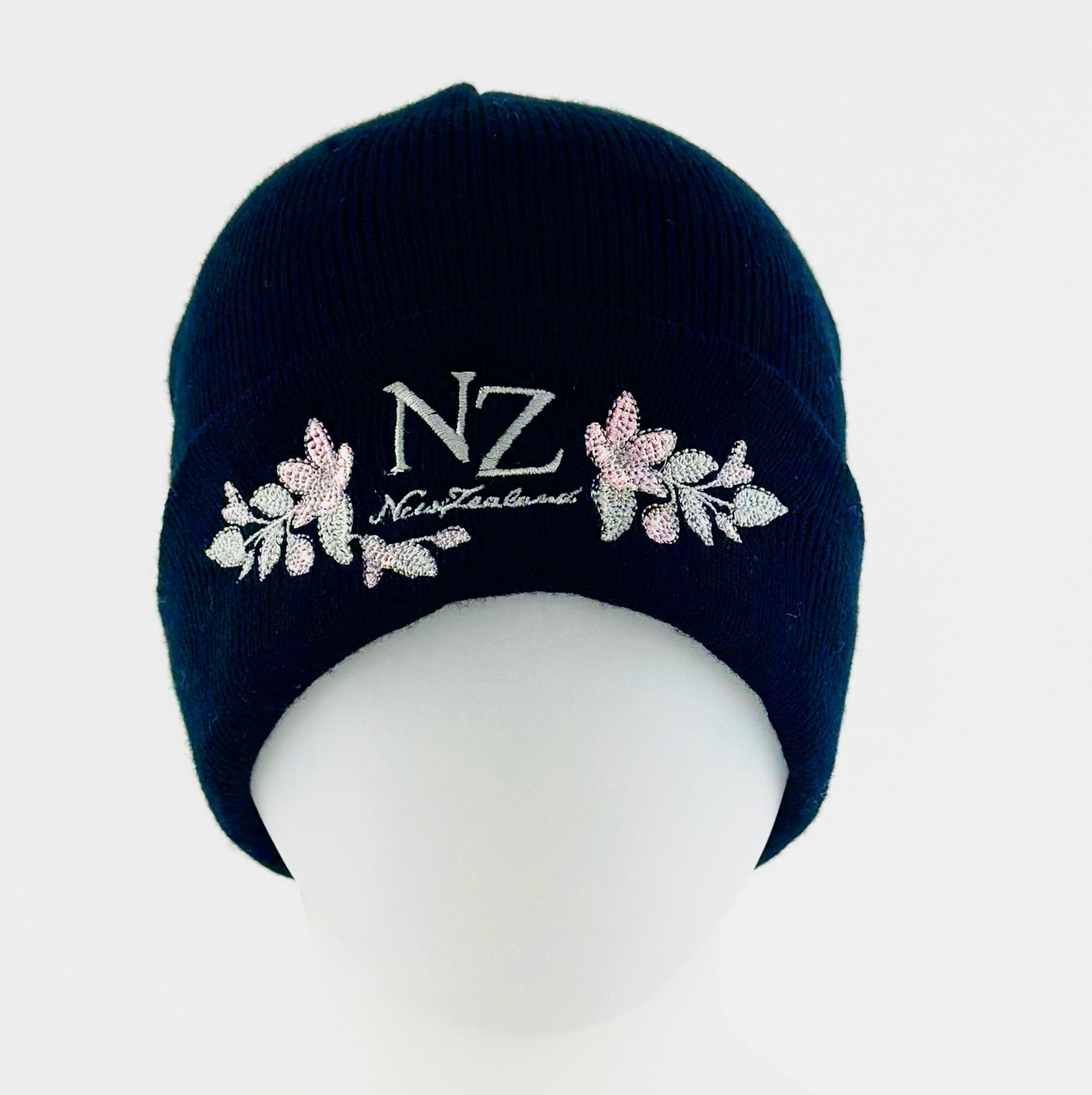 Pretty New Zealand Souvenir Beanie Hat with Embroidered Flowers - ShopNZ