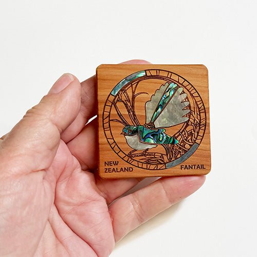 Pretty NZ Totara and Paua Shell Fantail Magnet - ShopNZ