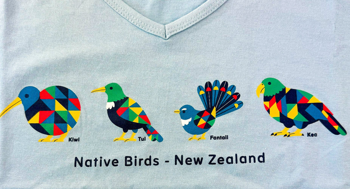Pretty Soft Blue Womens Souvenir NZ T-shirt with Native Bird Print - ShopNZ