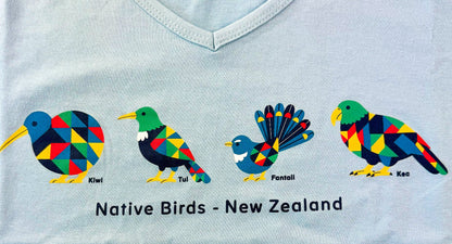 Pretty Soft Blue Womens Souvenir NZ T-shirt with Native Bird Print - ShopNZ