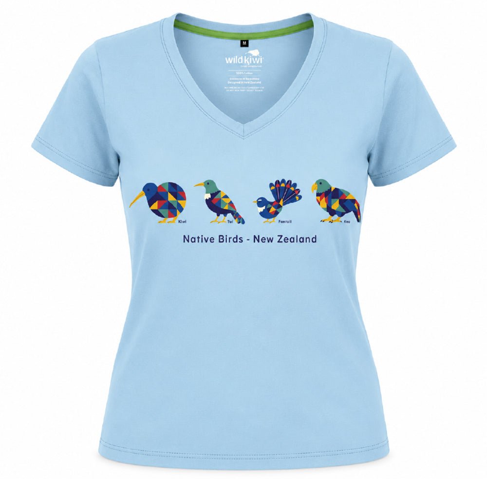 Pretty Soft Blue Womens Souvenir NZ T-shirt with Native Bird Print - ShopNZ