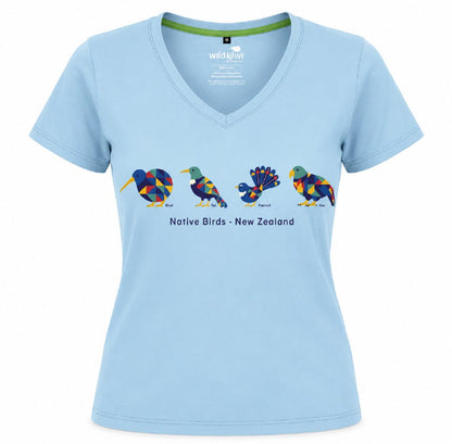 Pretty Soft Blue Womens Souvenir NZ T-shirt with Native Bird Print - ShopNZ