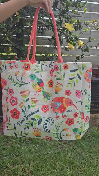 Large and Pretty NZ Birds and Flowers Shopping Bag