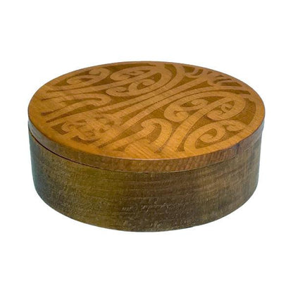 Rimu Round Jewellery Box with Maori Mangopare Tattoo Carving - ShopNZ