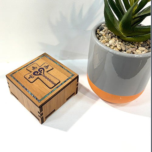 Rimu Trinket Box with Christian Cross and Heart Decoration - ShopNZ