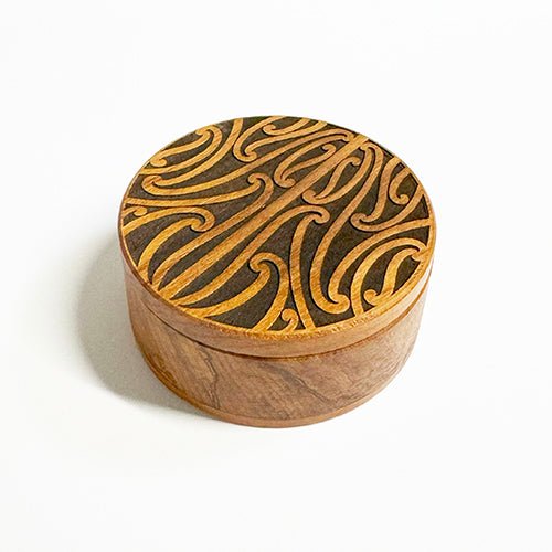 Round Rimu Box with Puhoro Maori Carving - ShopNZ