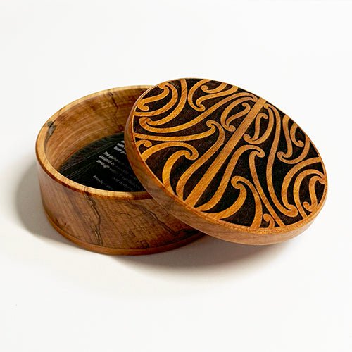 Round Rimu Box with Puhoro Maori Carving - ShopNZ