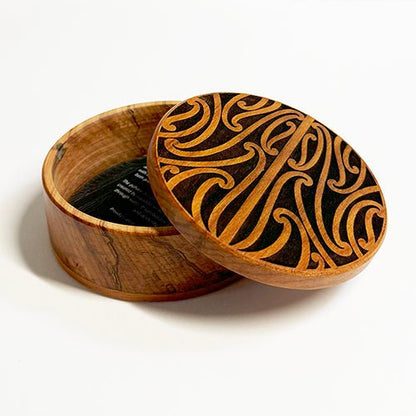 Round Rimu Box with Puhoro Maori Carving - ShopNZ
