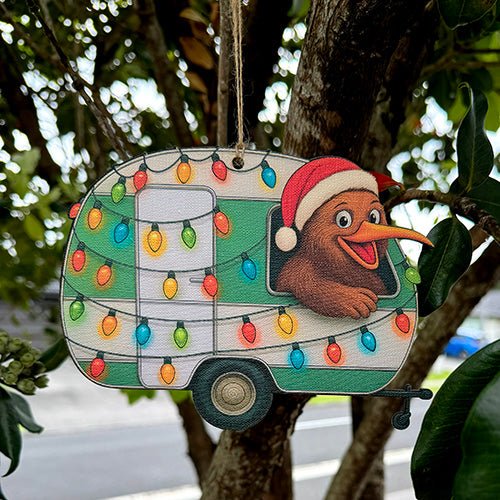 Santa Kiwi in a Caravan NZ Christmas Ornament - ShopNZ