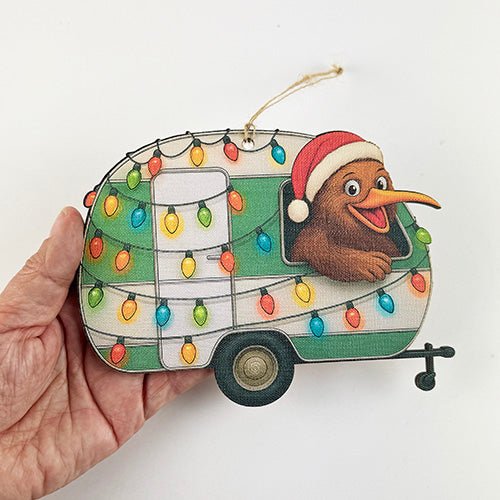 Santa Kiwi in a Caravan NZ Christmas Ornament - ShopNZ