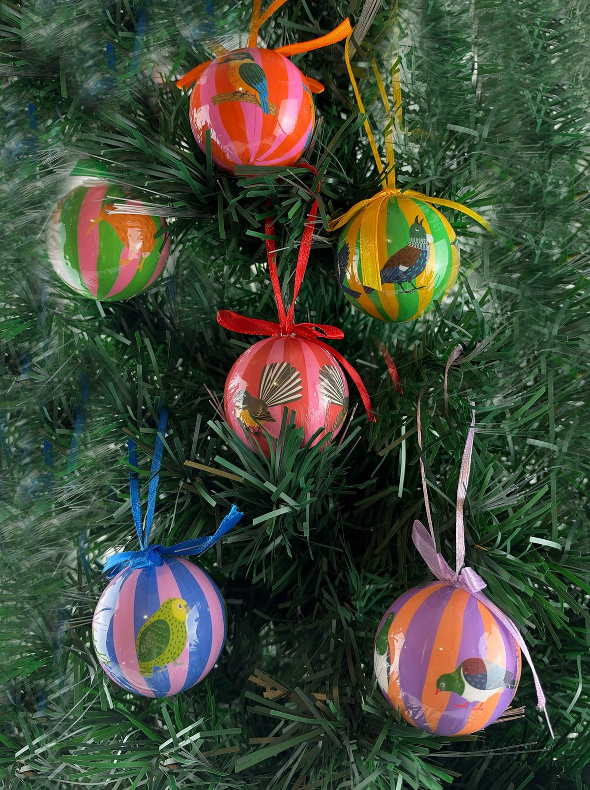 Set of 6 Pretty Native NZ Birds Christmas Baubles - Gorgeous Striped Balls - ShopNZ