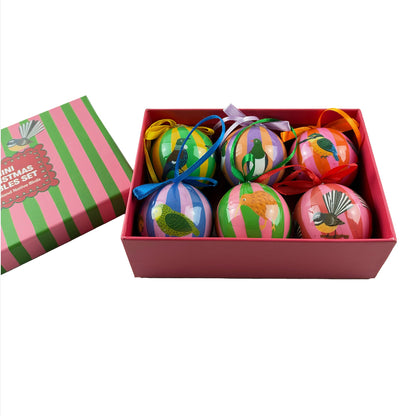 Set of 6 Pretty Native NZ Birds Christmas Baubles - Gorgeous Striped Balls - ShopNZ