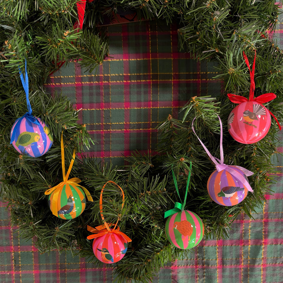 Set of 6 Pretty Native NZ Birds Christmas Baubles - Gorgeous Striped Balls - ShopNZ