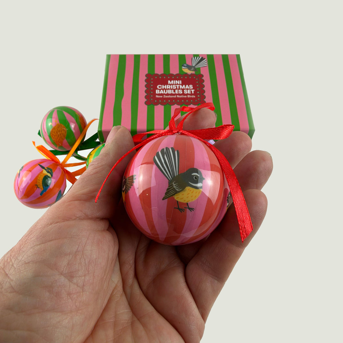 Set of 6 Pretty Native NZ Birds Christmas Baubles - Gorgeous Striped Balls - ShopNZ