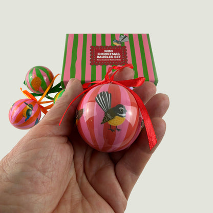 Set of 6 Pretty Native NZ Birds Christmas Baubles - Gorgeous Striped Balls - ShopNZ