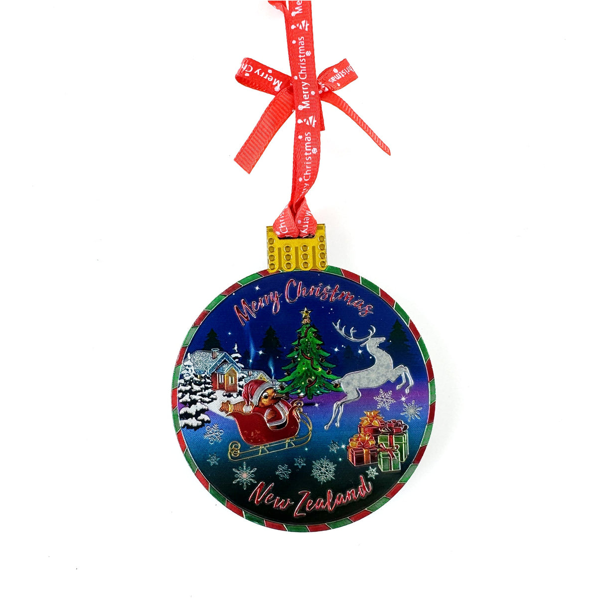 Shiny Foil Kiwi Bird Santa in a Sleigh Christmas Ornament - ShopNZ