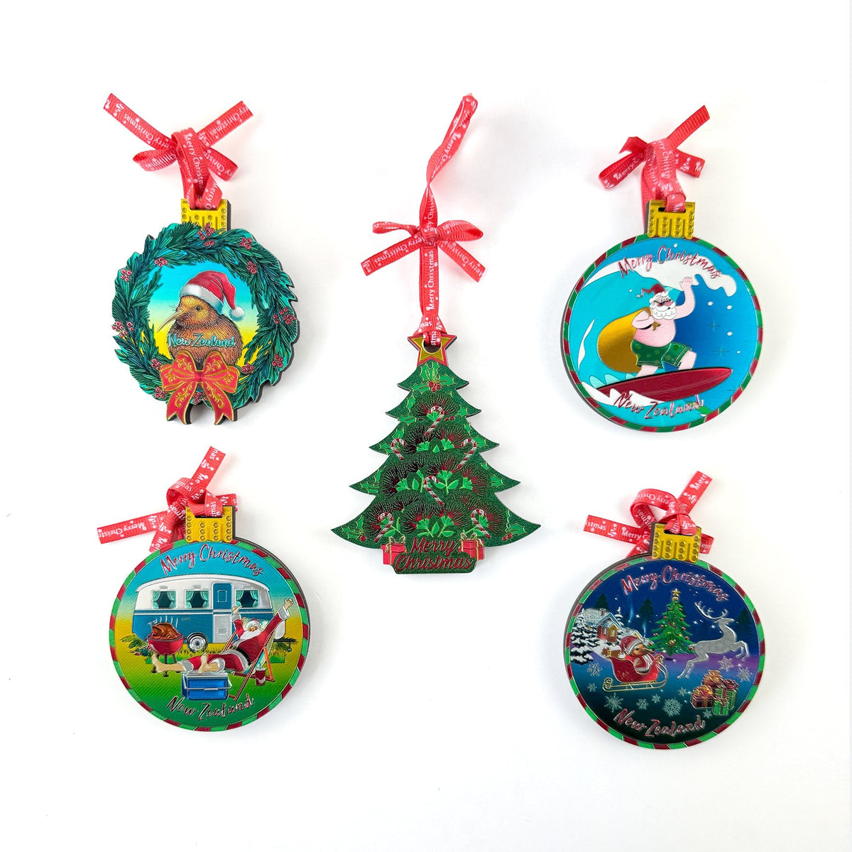Shiny Foil NZ Christmas Ornament of Santa Claus Beside His Caravan Barbecue and Chilly Bin - ShopNZ