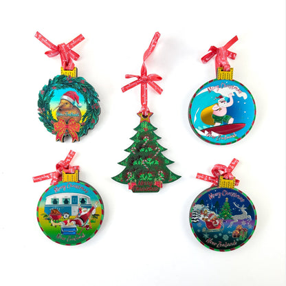 Shiny Foil NZ Christmas Ornament of Santa Claus Beside His Caravan Barbecue and Chilly Bin - ShopNZ