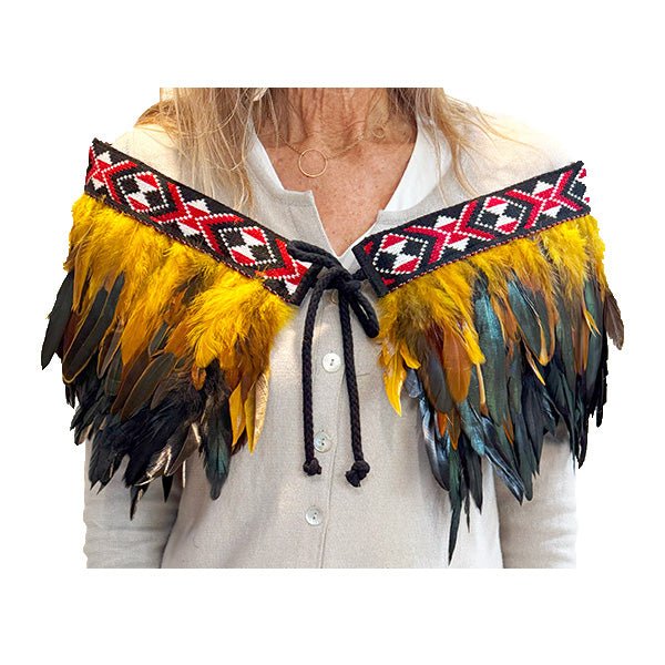 Short Maori Korowai with Gold and Black Feathers and Red Taniko - ShopNZ
