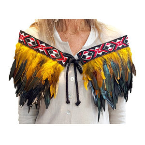Short Maori Korowai with Gold and Black Feathers and Red Taniko - ShopNZ