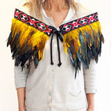 Short Maori Korowai with Gold and Black Feathers and Red Taniko - ShopNZ