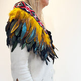 Short Maori Korowai with Gold and Black Feathers and Red Taniko - ShopNZ