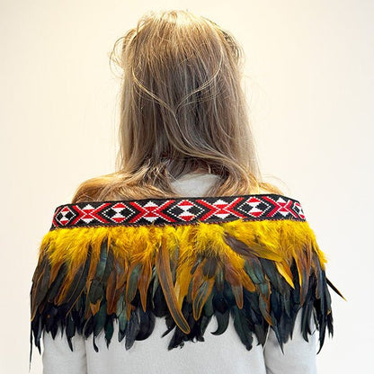 Short Maori Korowai with Gold and Black Feathers and Red Taniko - ShopNZ