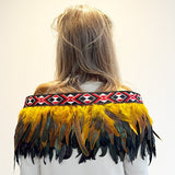 Short Maori Korowai with Gold and Black Feathers and Red Taniko - ShopNZ