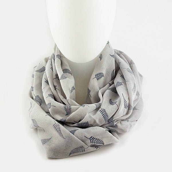 Soft Grey NZ Infinity Scarf with Denim Blue Ferns - ShopNZ
