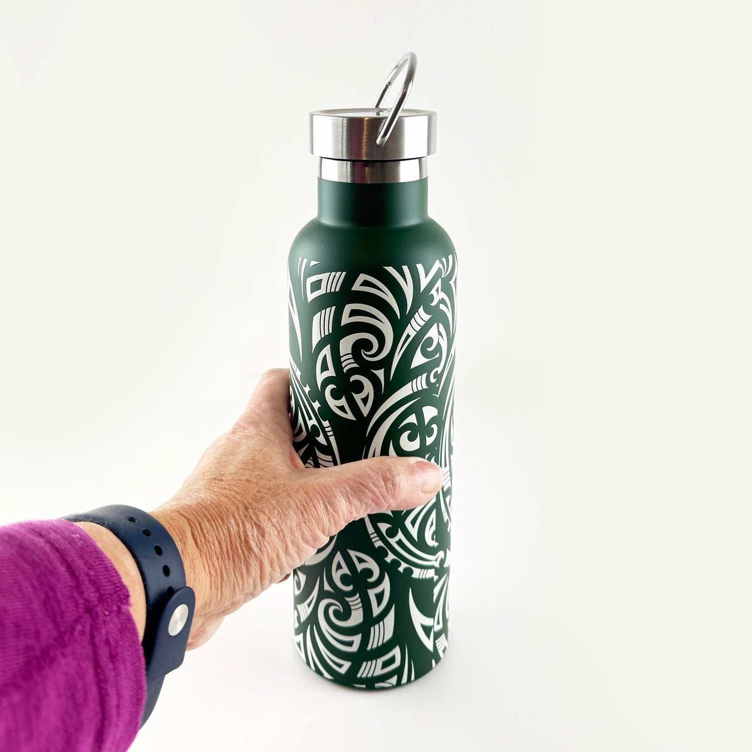 Stunning Forest Green and White Embossed Māori Print Insulated Bottle - ShopNZ