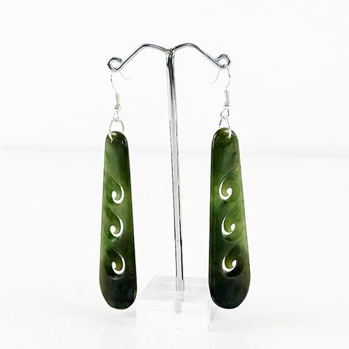 Stunning Genuine NZ Greenstone Drop Earrings with 3 Koru - ShopNZ