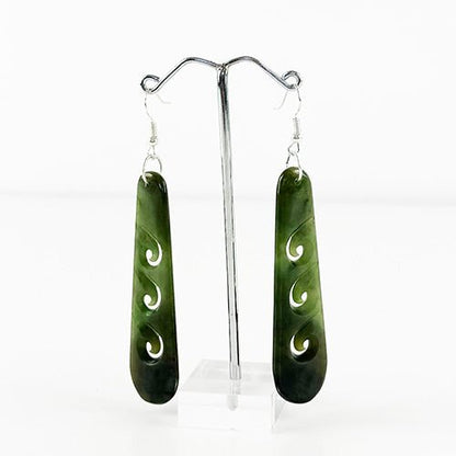 Stunning Genuine NZ Greenstone Drop Earrings with 3 Koru - ShopNZ