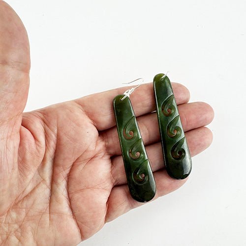 Stunning Genuine NZ Greenstone Drop Earrings with 3 Koru - ShopNZ