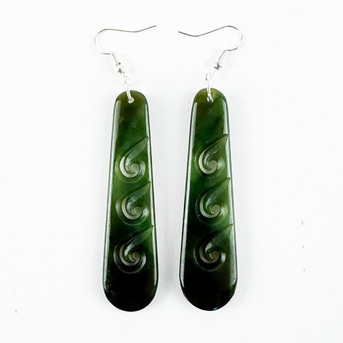Stunning Genuine NZ Greenstone Drop Earrings with 3 Koru - ShopNZ