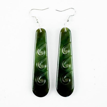 Stunning Genuine NZ Greenstone Drop Earrings with 3 Koru - ShopNZ