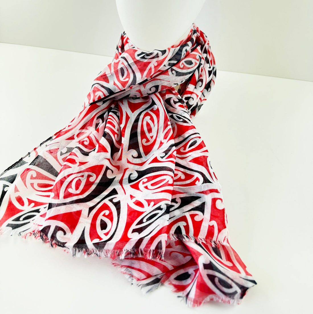 Stunning Māori Red White and Black Kowhaiwhai Pattern Scarf - ShopNZ